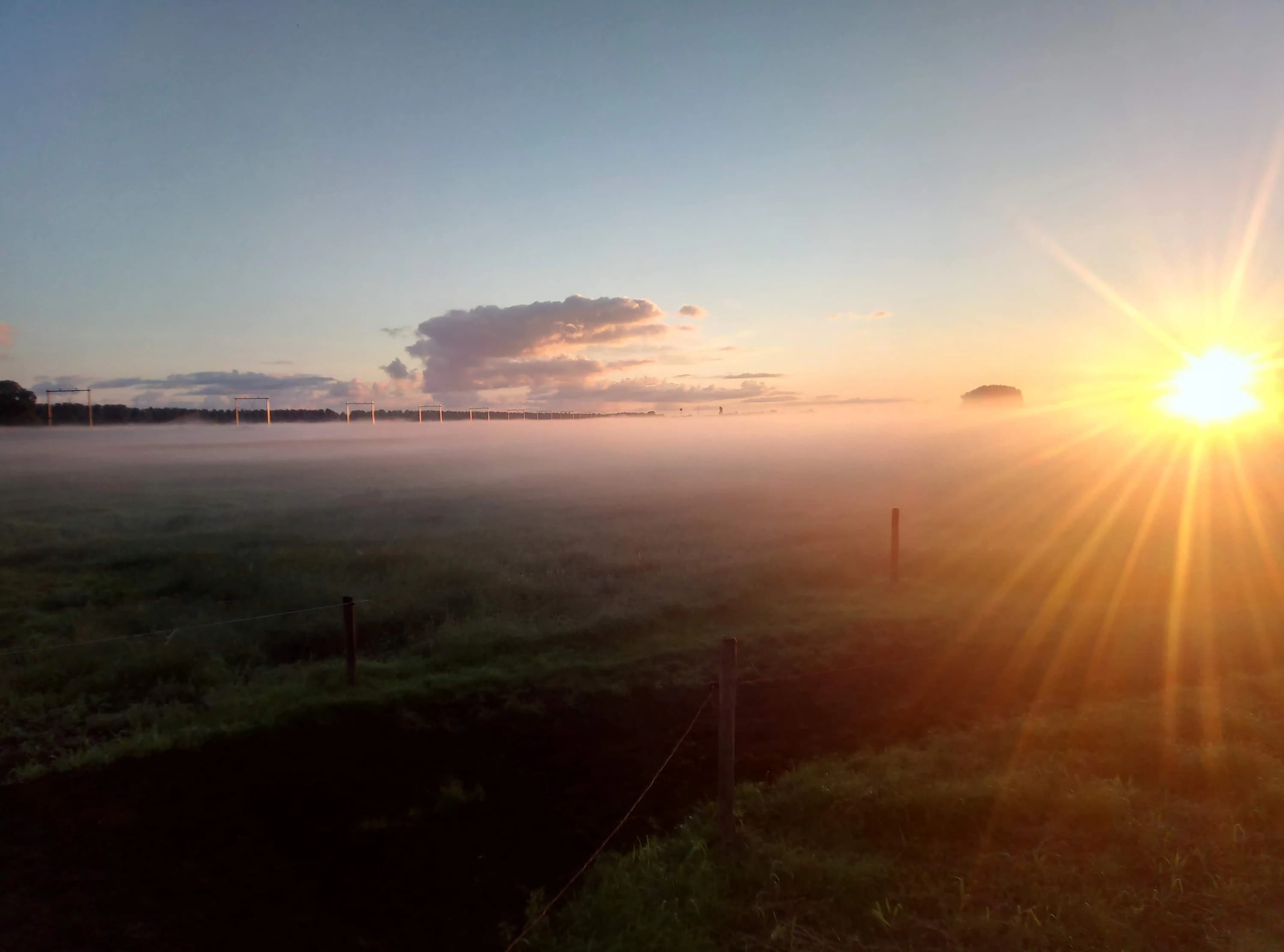 Zonsopkomst boven het blijvende grasland rond de boerderij